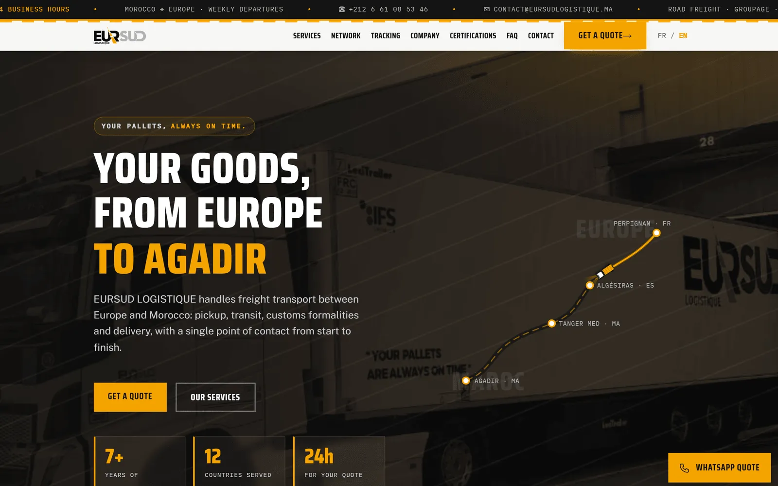 Eursud Logistique — Site vitrine bilingue pour un transporteur routier Europe–Maroc.